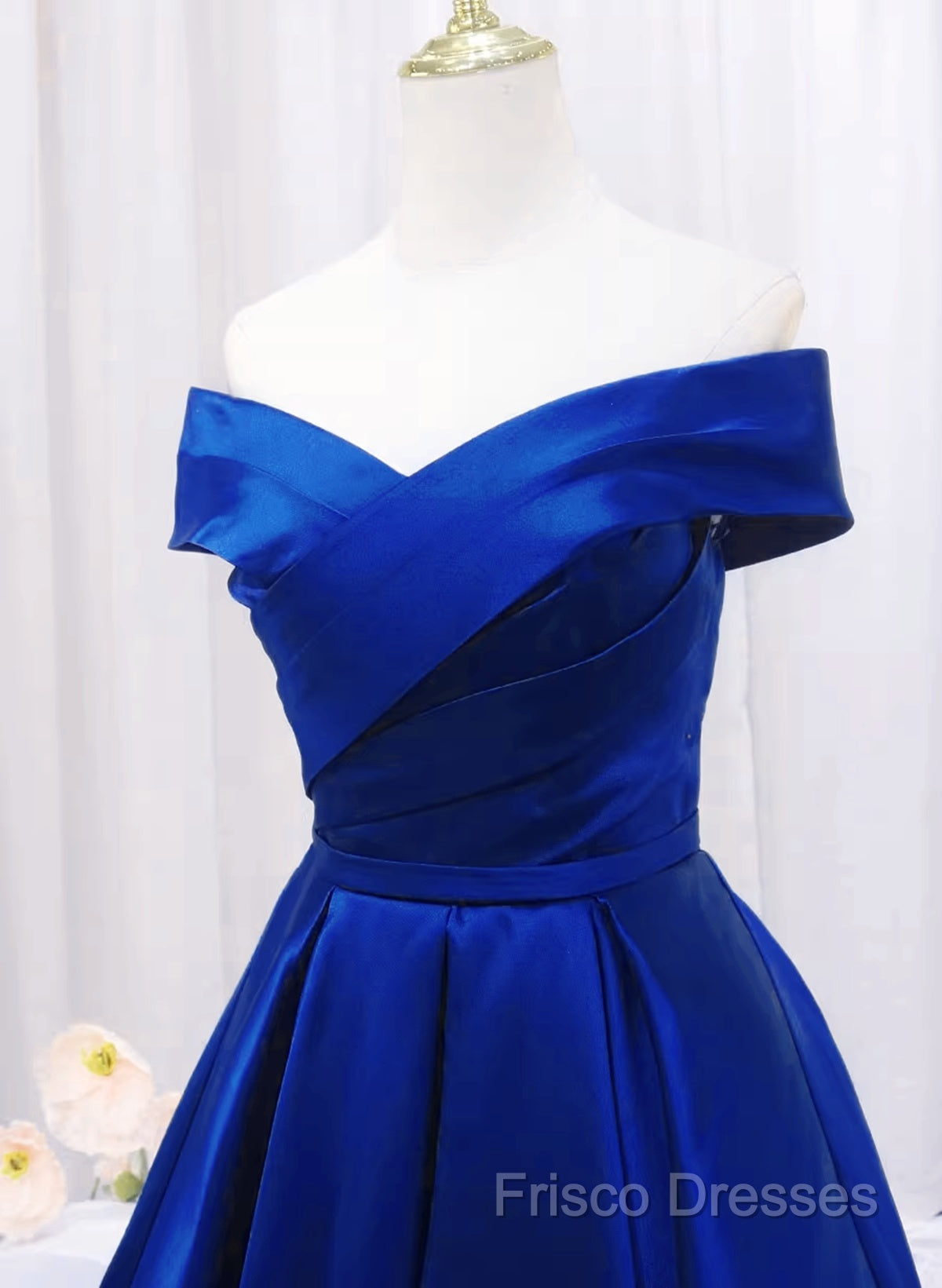 Royal Blue Satin Sweetheart Off Shoulder Long Formal Dress, A-Line Formal Prom Dress