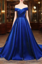 Royal Blue Satin Sweetheart Off Shoulder Long Formal Dress, A-Line Formal Prom Dress