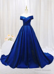 Royal Blue Satin Sweetheart Off Shoulder Long Formal Dress, A-Line Prom Dress