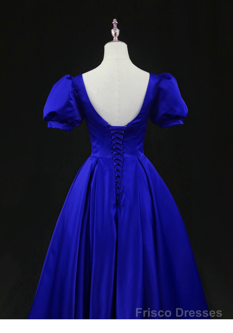 Royal Blue Satin Tea Length Wedding Party Dress, Blue Prom Homecoming Dress