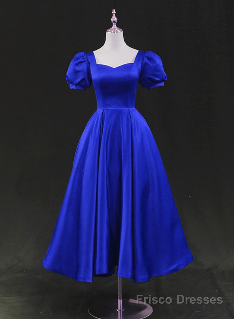 Royal Blue Satin Tea Length Wedding Party Dress, Blue Prom Homecoming Dress