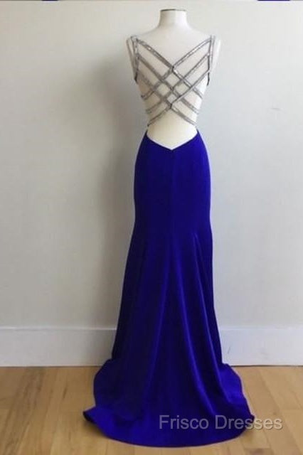 Royal Blue Satin V Neck Mermaid Formal Dress With Cross Back Secondary image