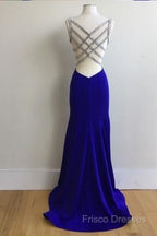 Royal Blue Satin V Neck Mermaid Formal Dress With Cross Back