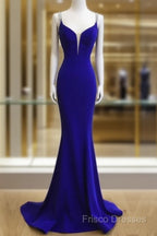 Royal Blue Satin V Neck Mermaid Formal Dress With Cross Back