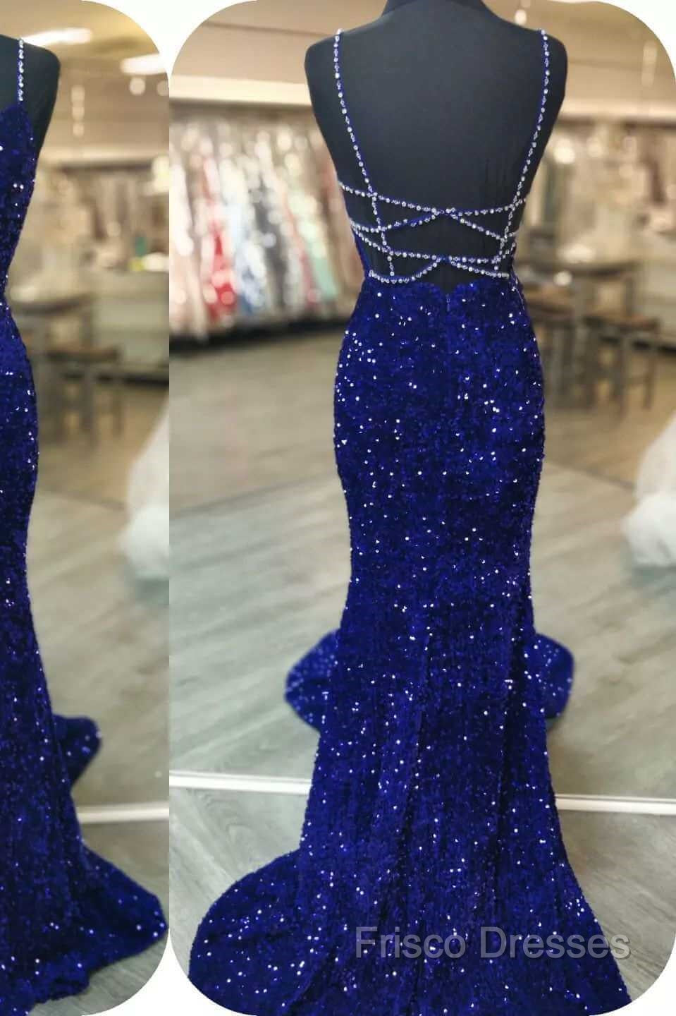 Royal Blue Sequin Beaded Mermaid Formal Prom Dress Spaghetti Straps