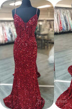 Royal Blue Sequin Beaded Mermaid Formal Prom Dress Spaghetti Straps