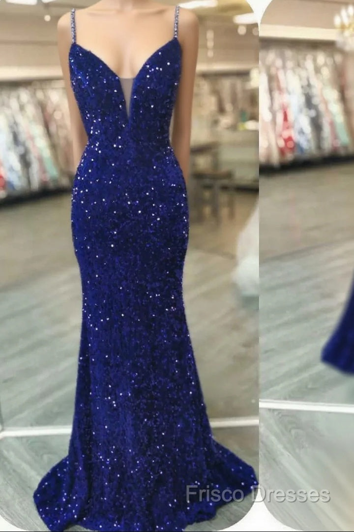 Royal Blue Sequin Beaded Mermaid Formal Prom Dress Spaghetti Straps