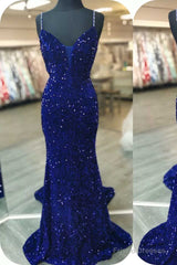 Royal Blue Sequin Beaded Mermaid Prom Dresses Spaghetti Straps