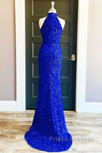 Royal Blue Sequin Halter Long Formal Dress with Slit Formal Prom Dress