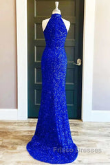 Royal Blue Sequin Halter Long Formal Dress with Slit Formal Prom Dress
