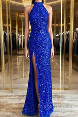 Royal Blue Sequin Halter Long Formal Dress with Slit Formal Prom Dress