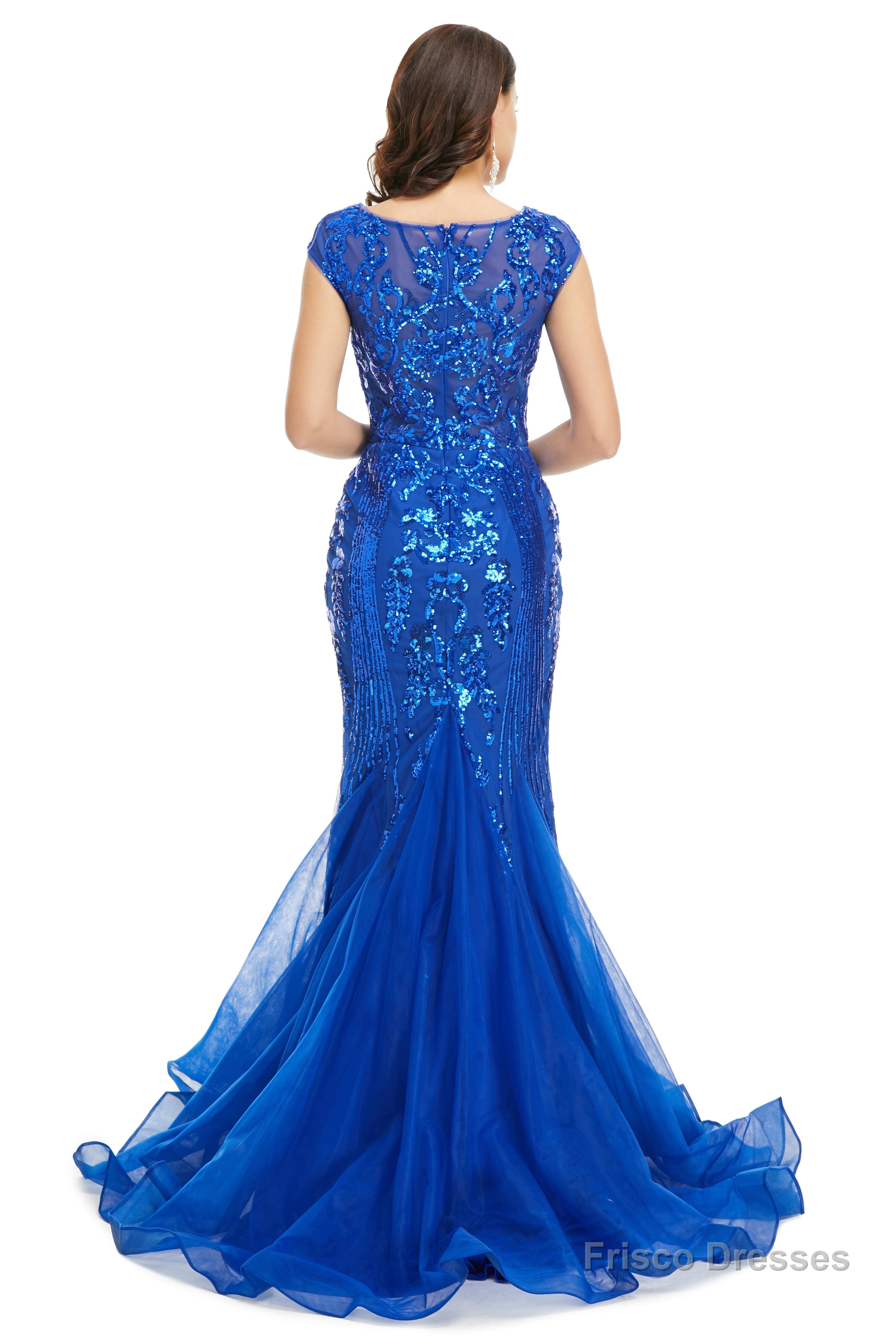 Royal Blue Sequined Tulle Mermaid Cap Sleeve Scoop Neck Formal Gowns Secondary image