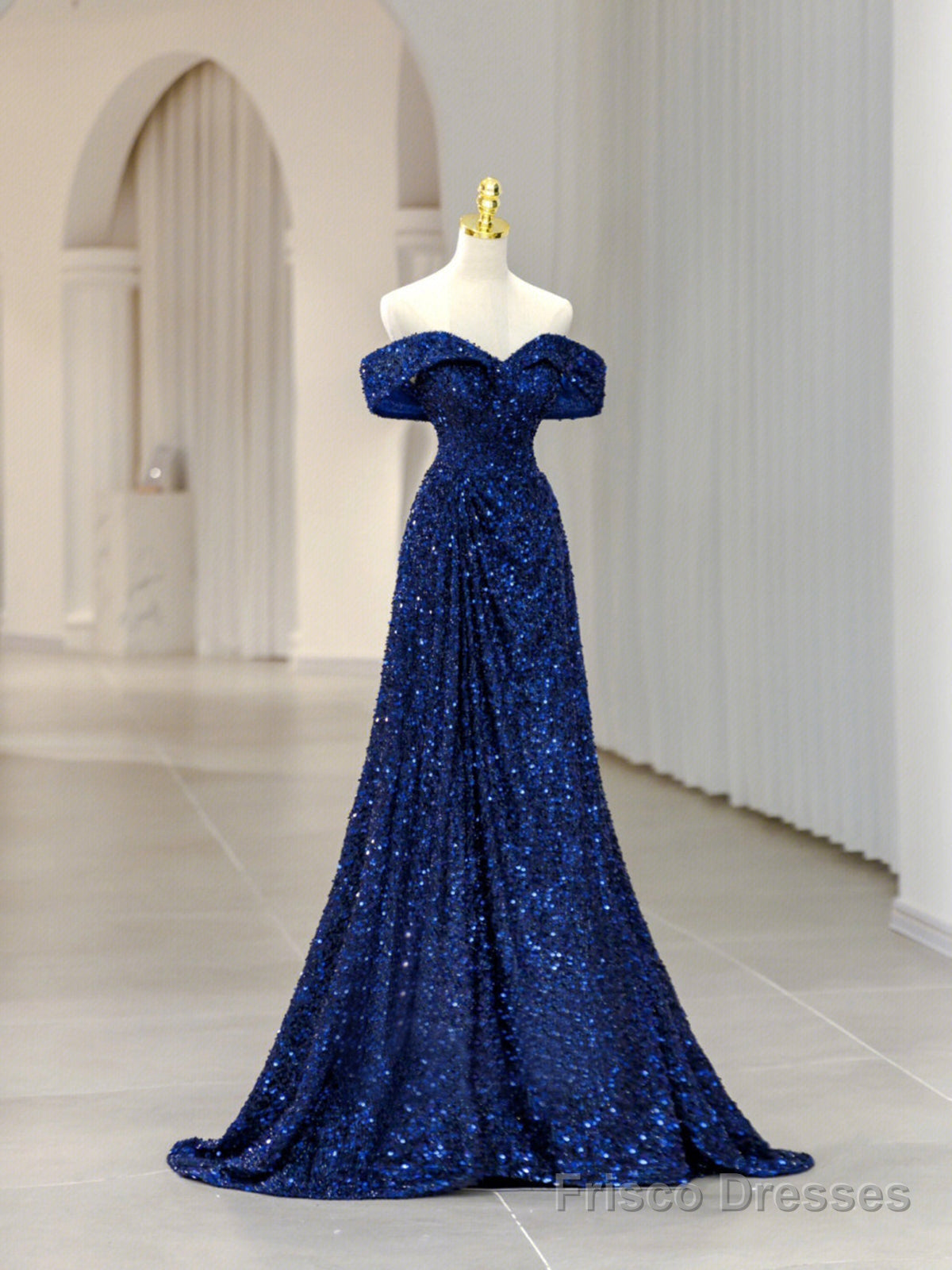 Royal Blue Sequins Long Prom Dress,Off the Shoulder Formal Evening Dresses Main image