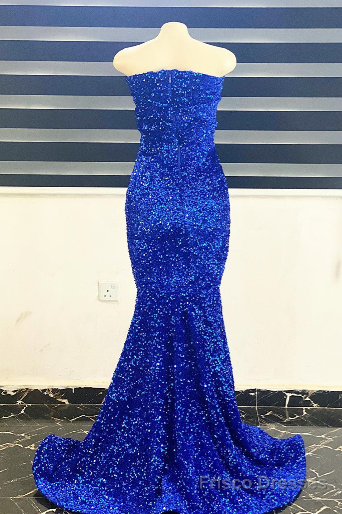 Royal Blue Sequins Strapless Mermaid Long Prom Dress Secondary image