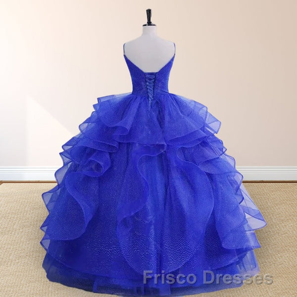 Royal Blue Spaghetti Strap Quinceanera Dress V-neck with Ruffles