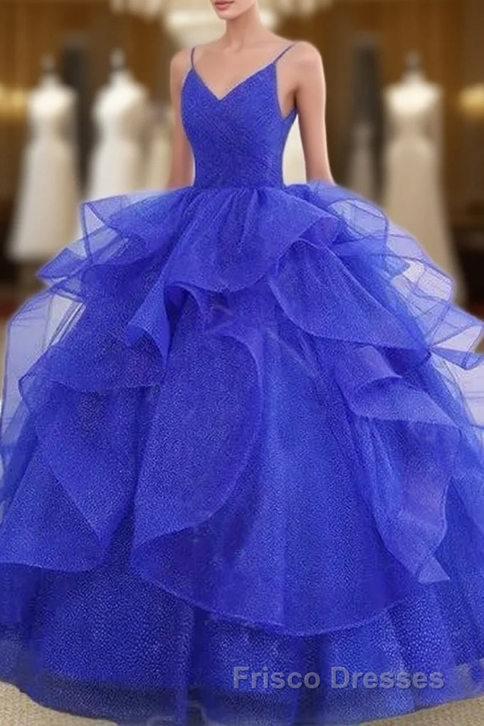 Royal Blue Spaghetti Strap Quinceanera Dress V-neck with Ruffles Main image