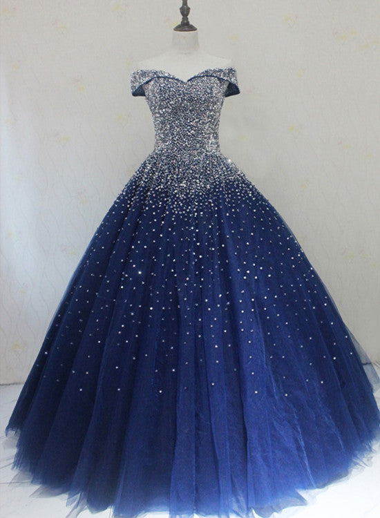Blue Sparkle Off Shoulder Ball Party Dress , Handmade Beaded Party Dress Main image