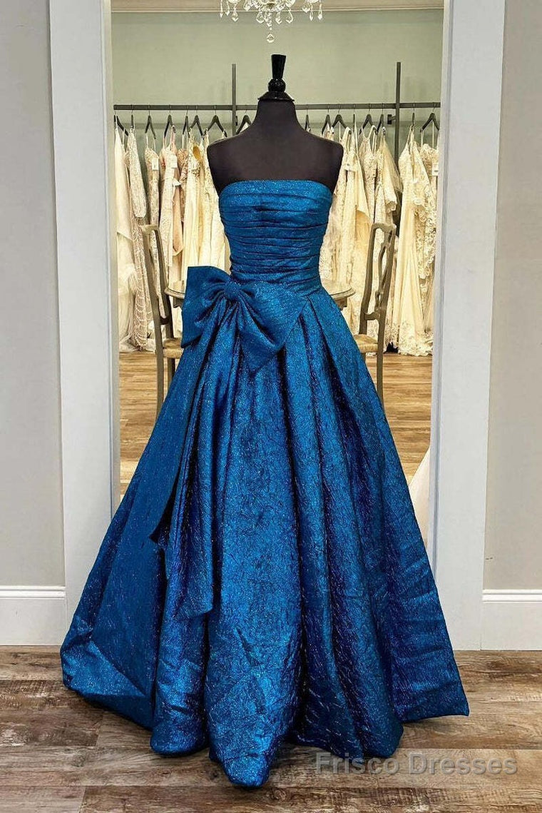 Royal Blue Strapless A-Line Long Prom Dress With Bow Main image