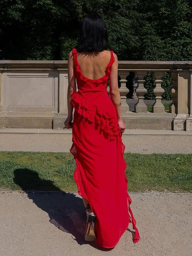 Red Chiffon Prom Dress Long Ruffle Party Dress Evening Dress