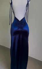 Royal Blue Straps Backless Satin Long Party Dress Evening Dress