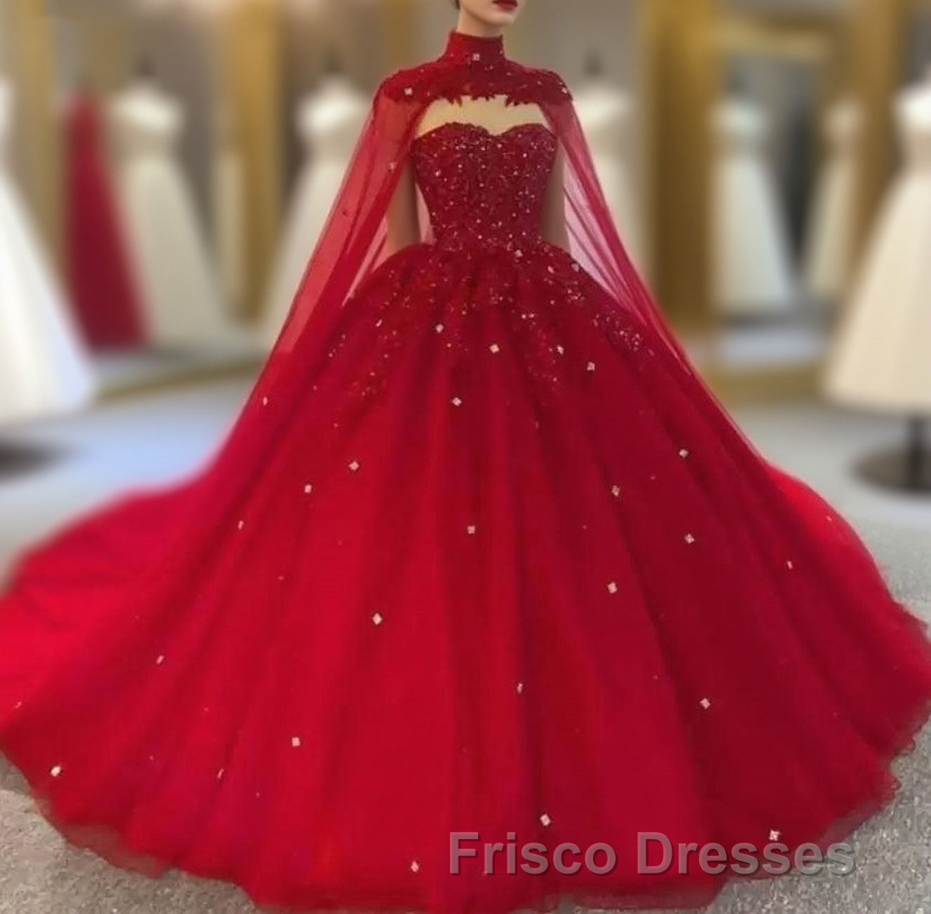 Royal Blue Tulle Ball Gown Formal Prom Dress With Cape Main image