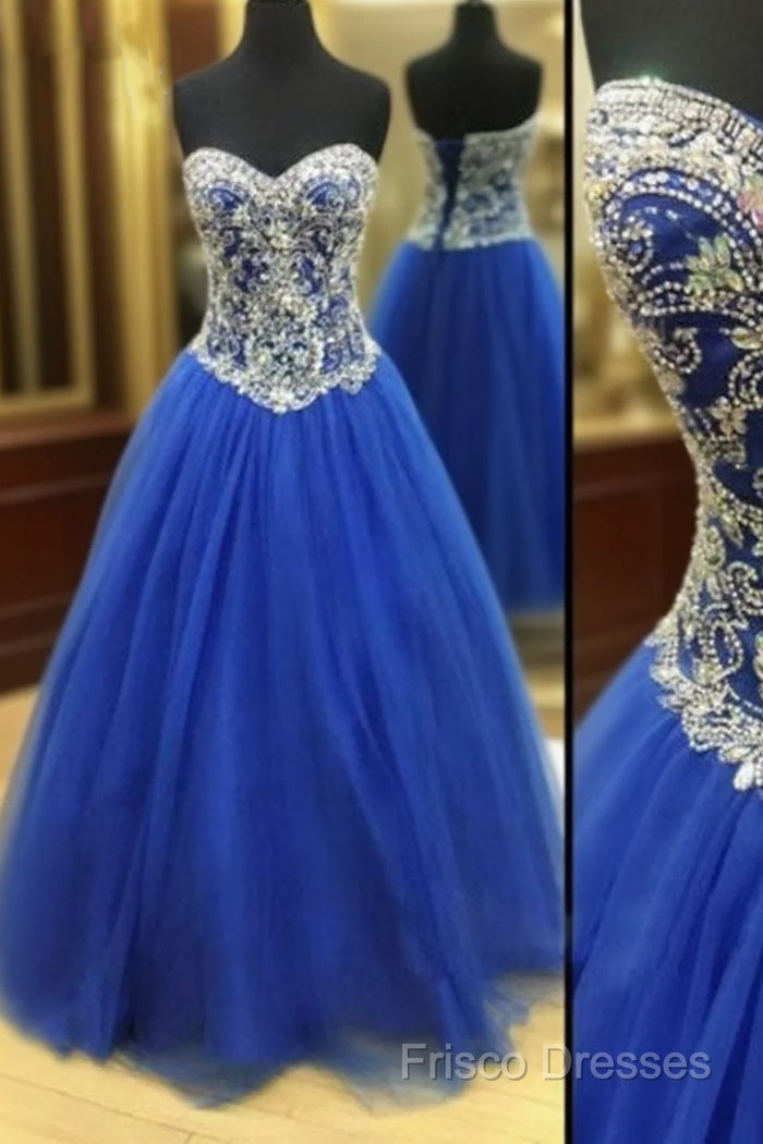 Royal Blue Tulle Beaded Long Formal Prom Dress, Blue Formal Dress Main image