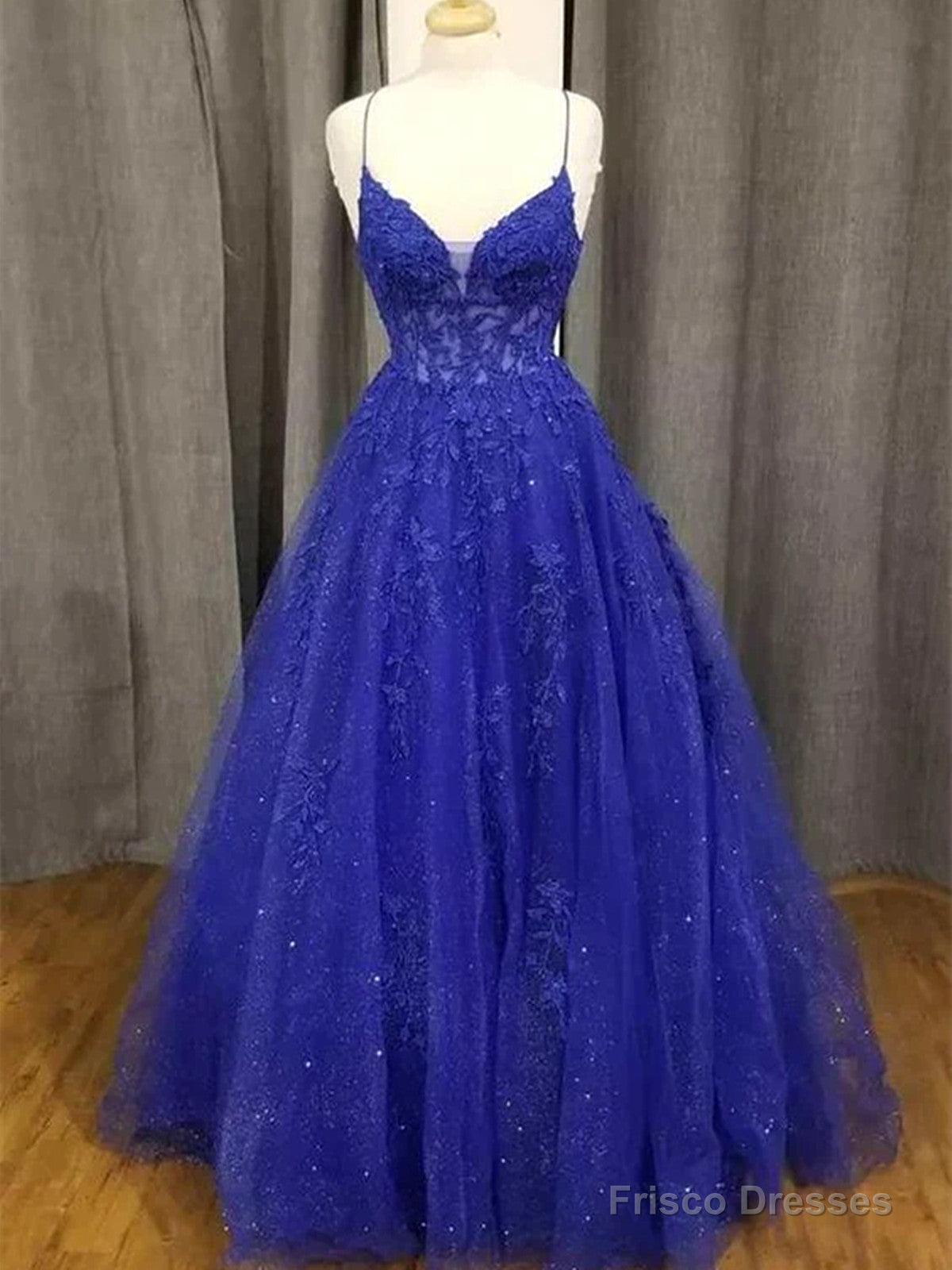 Royal Blue Tulle With Lace Applique Straps Long Party Dress, Royal Blue Prom Dress Main image