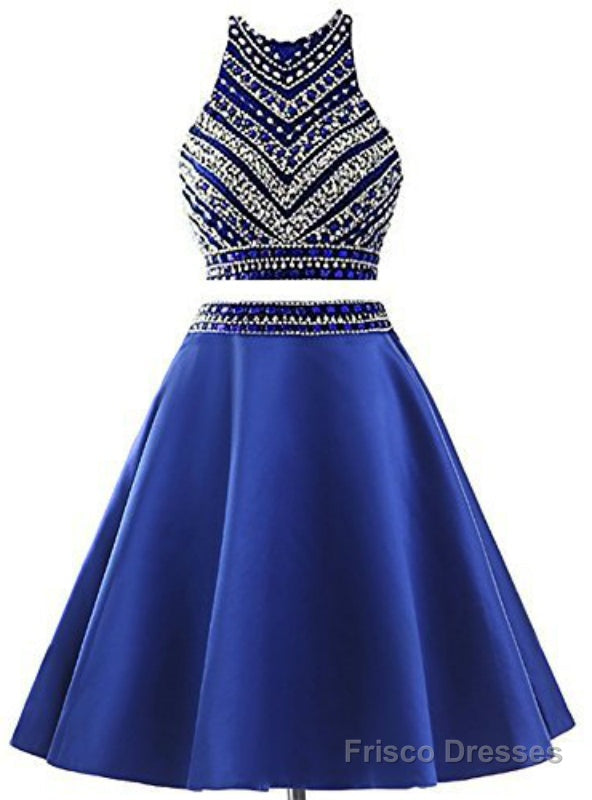 Royal Blue Two Piece Satin Beading Crystal Homecoming Dress Main image
