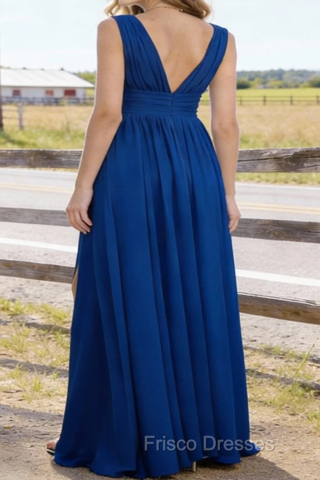Royal Blue V Neck Chiffon Floor Length Bridesmaid Dresses Long Bridesmaid Dress With Pleated Split