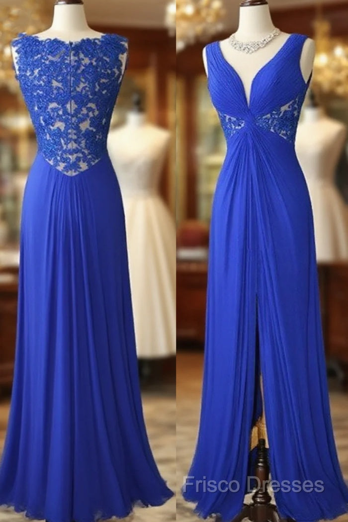 Royal Blue V Neck Chiffon Lace Long Formal Prom Dress, Formal Dress Main image