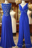 Royal Blue V Neck Chiffon Lace Long Formal Prom Dress, Formal Dress