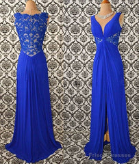 Royal Blue V Neck Chiffon Lace Long Prom Dress, Evening Dress
