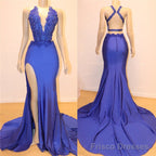 Royal Blue V-neck Open back Side Slit Mermaid Beads Lace Prom Dresses