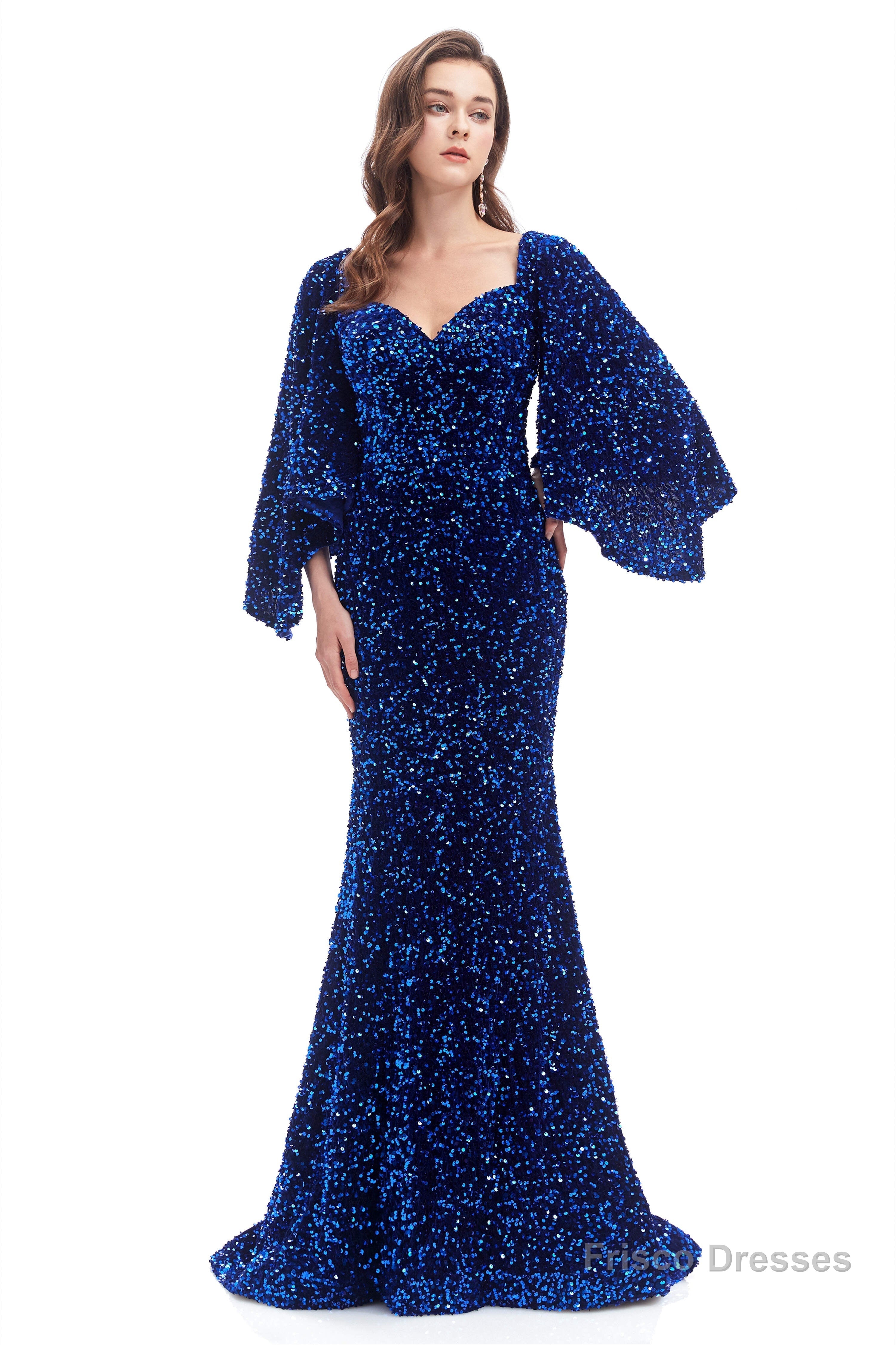 V-Neck Sequins Mermaid Prom Dresses with Sleeves