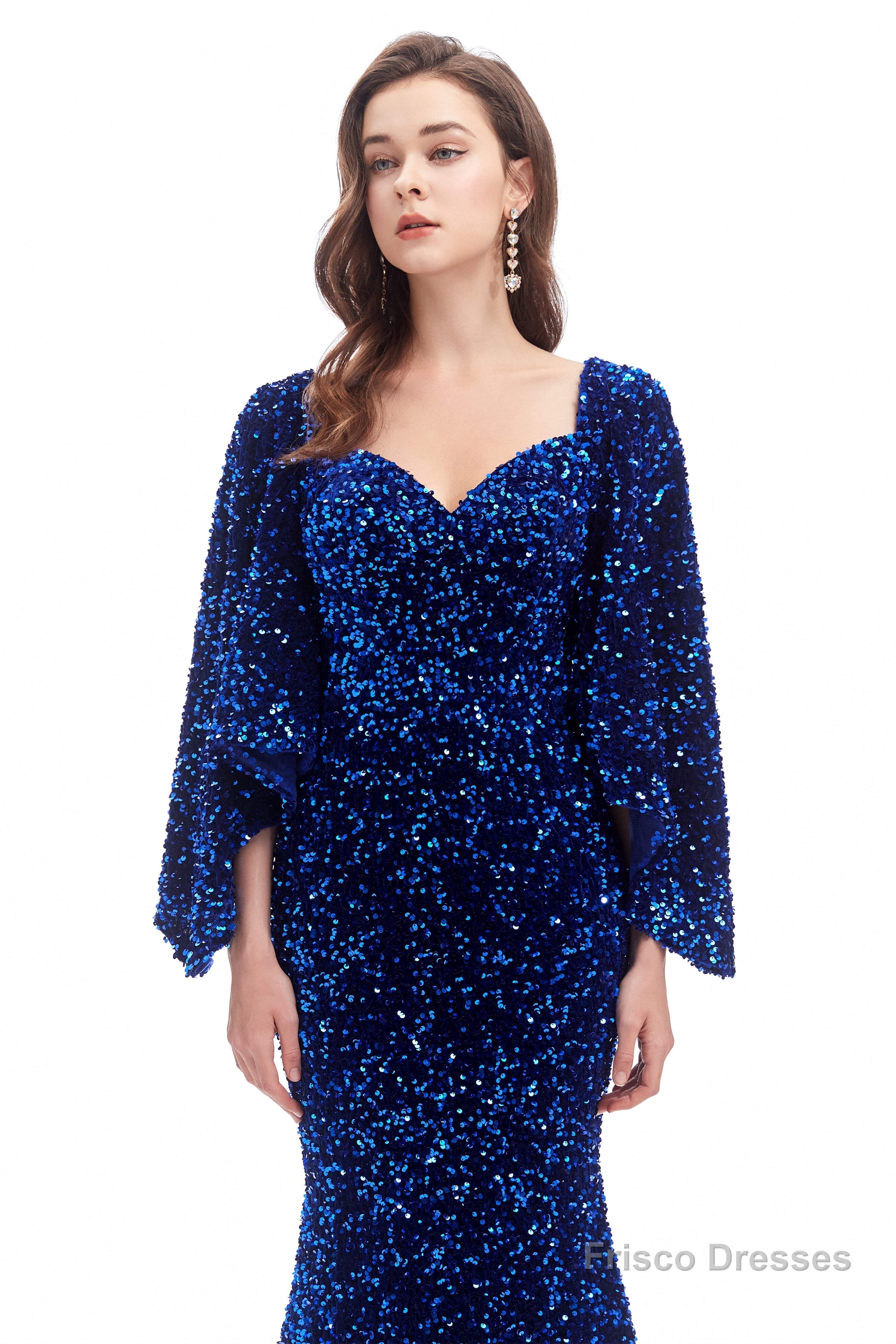V-Neck Sequins Mermaid Prom Dresses with Sleeves