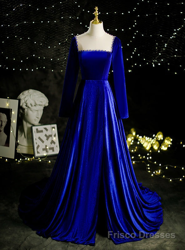Royal Blue Velvet Long Sleeve Pearls Prom Dress Main image