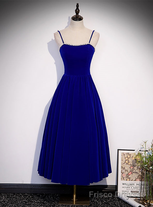 Royal Blue Velvet Spaghetti Straps Pearls Prom Dress Main image