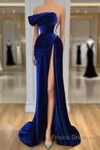 Royal Blue Velvet Trumpet Mermaid Formal Prom Dress With Slit