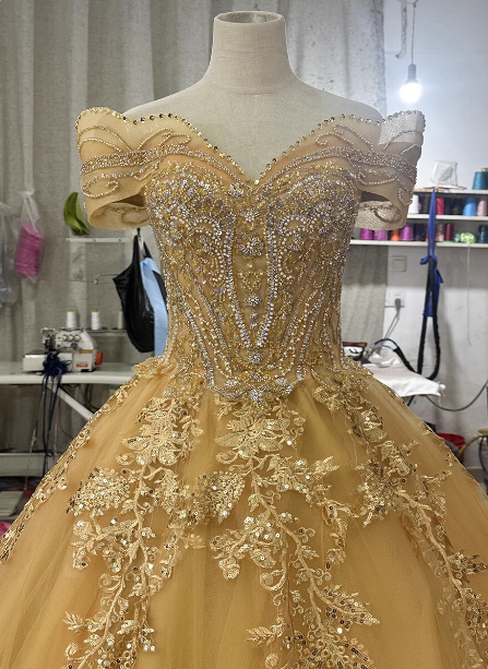 Royal Champagne Gold Off-The-Shoulder Beaded Embroidered Tulle Long Prom Dress Evening Dress Secondary image