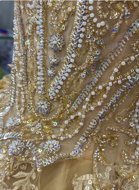 Royal Champagne Gold Off-The-Shoulder Beaded Embroidered Tulle Long Prom Dress Evening Dress