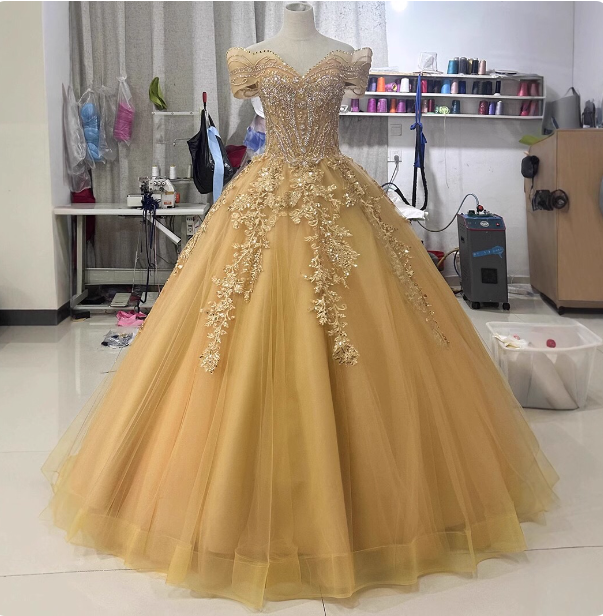 Royal Champagne Gold Off-The-Shoulder Beaded Embroidered Tulle Long Prom Dress Evening Dress Main image
