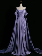 Royal Purple A-Line Off Shoulder Satin Long Prom Dress Formal Evening Dress