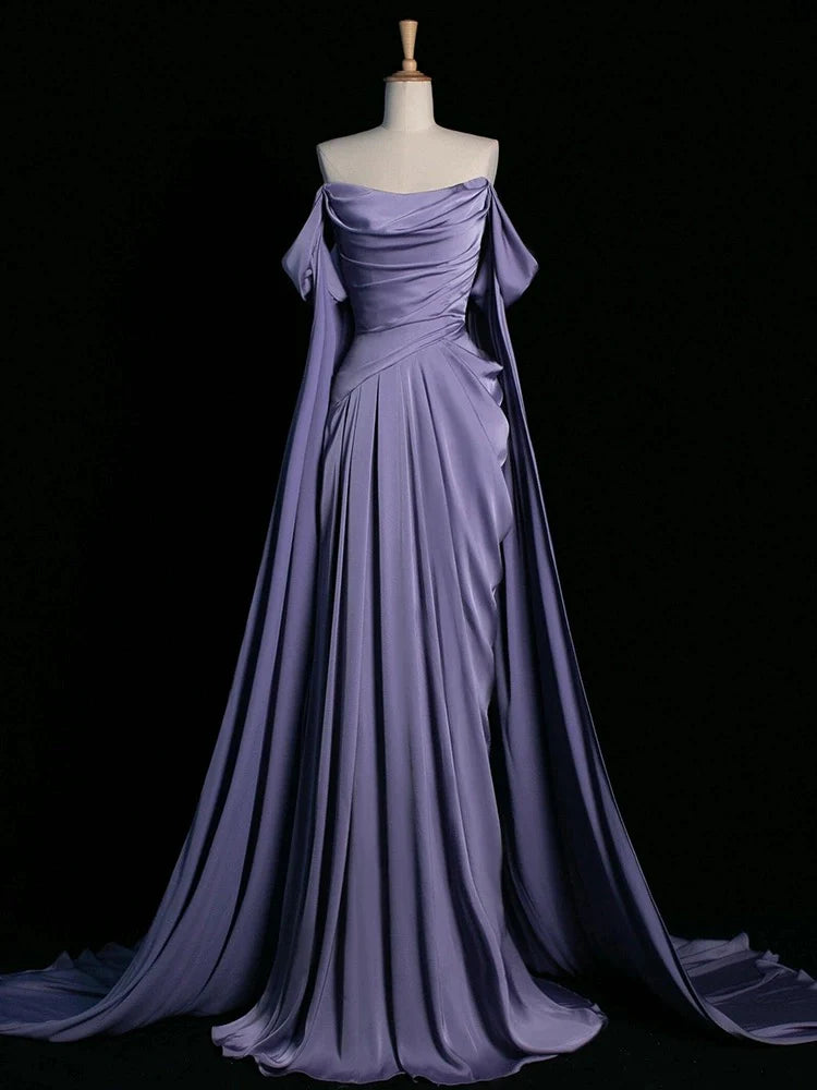 Royal Purple A-Line Off Shoulder Satin Long Prom Dress Formal Evening Dress Main image