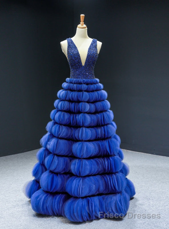 Royal Tulle Tiers V-neck Backless Beading Prom Dress Main image