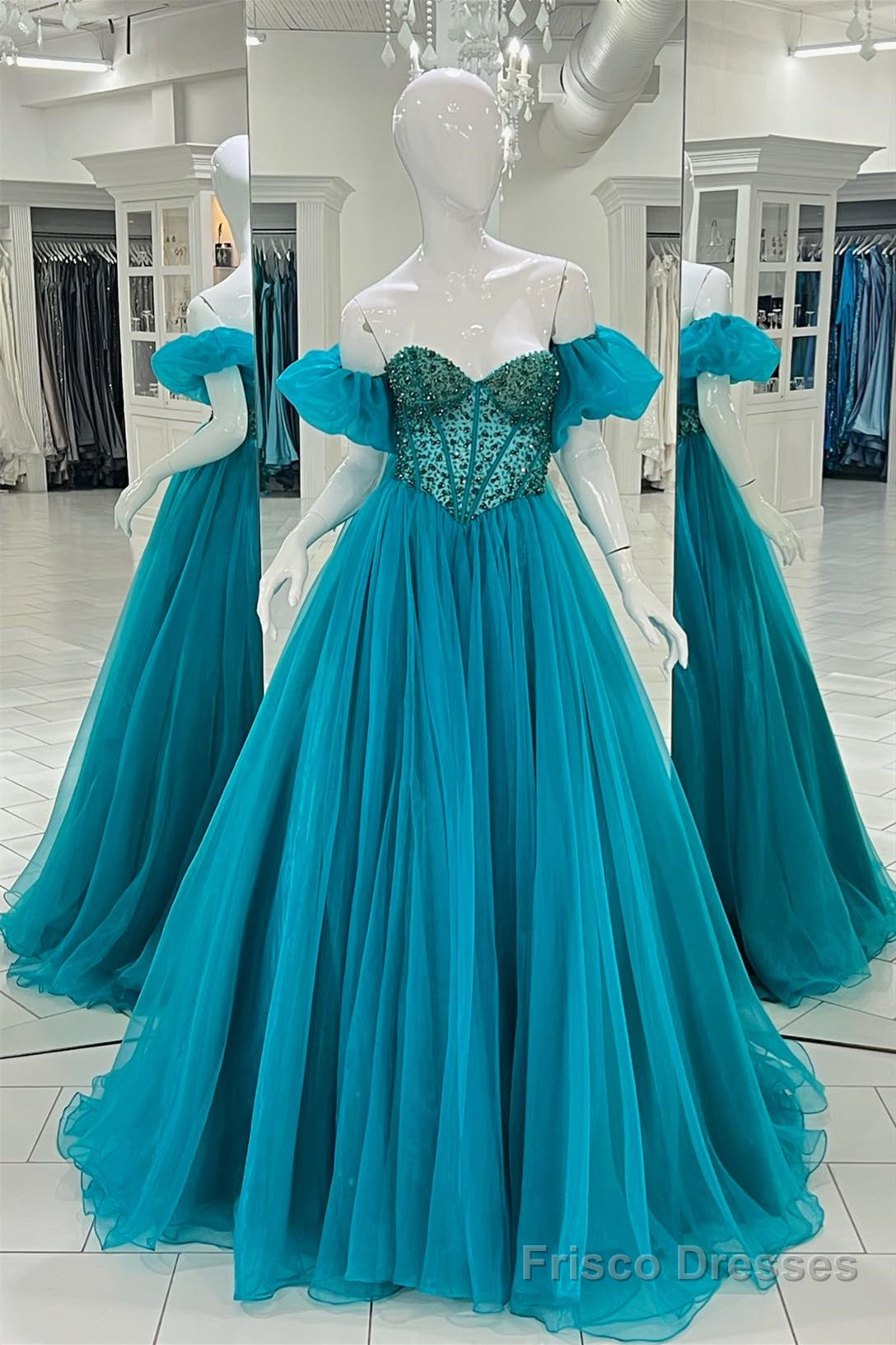Blue Off-the-Shoulder Beaded A-line Tulle Long Prom Dress Secondary image