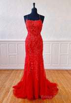 Red Lace Long Prom Dresses, Mermaid Evening Dresses