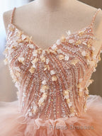Unique V Neck Tulle Sequin Orange Pink Long Formal Prom Dress, Orange Pink Sweet 16 Dress
