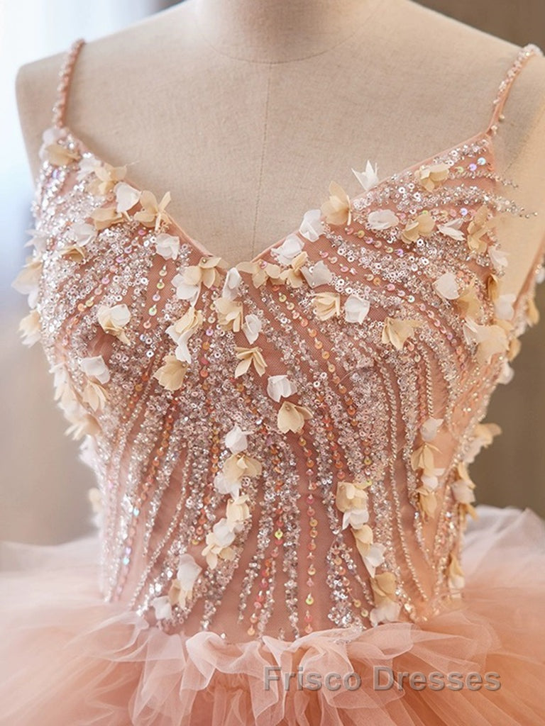 Unique V Neck Tulle Sequin Orange Pink Long Formal Prom Dress, Orange Pink Sweet 16 Dress