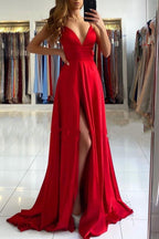 Ruby Red Chic High Split Court Train Long Evening Dress
