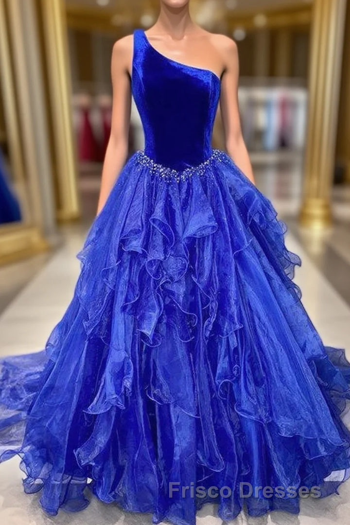 Ruffle One Shoulder Royal Blue Velvet Top Long Formal Prom Dress